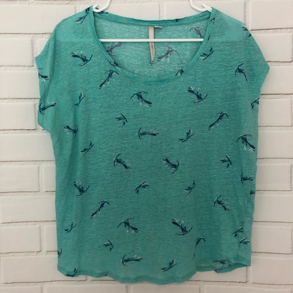 LC LAUREN CONRAD Teal 100% LINEN Bird Top medium